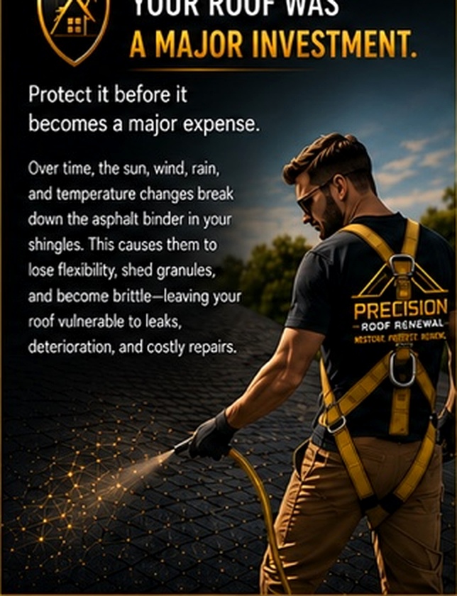 Roof renewal professional applying treatment to asphalt shingles
