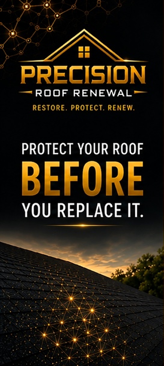 Precision Roof Renewal brochure artwork showing a protected asphalt shingle roof
